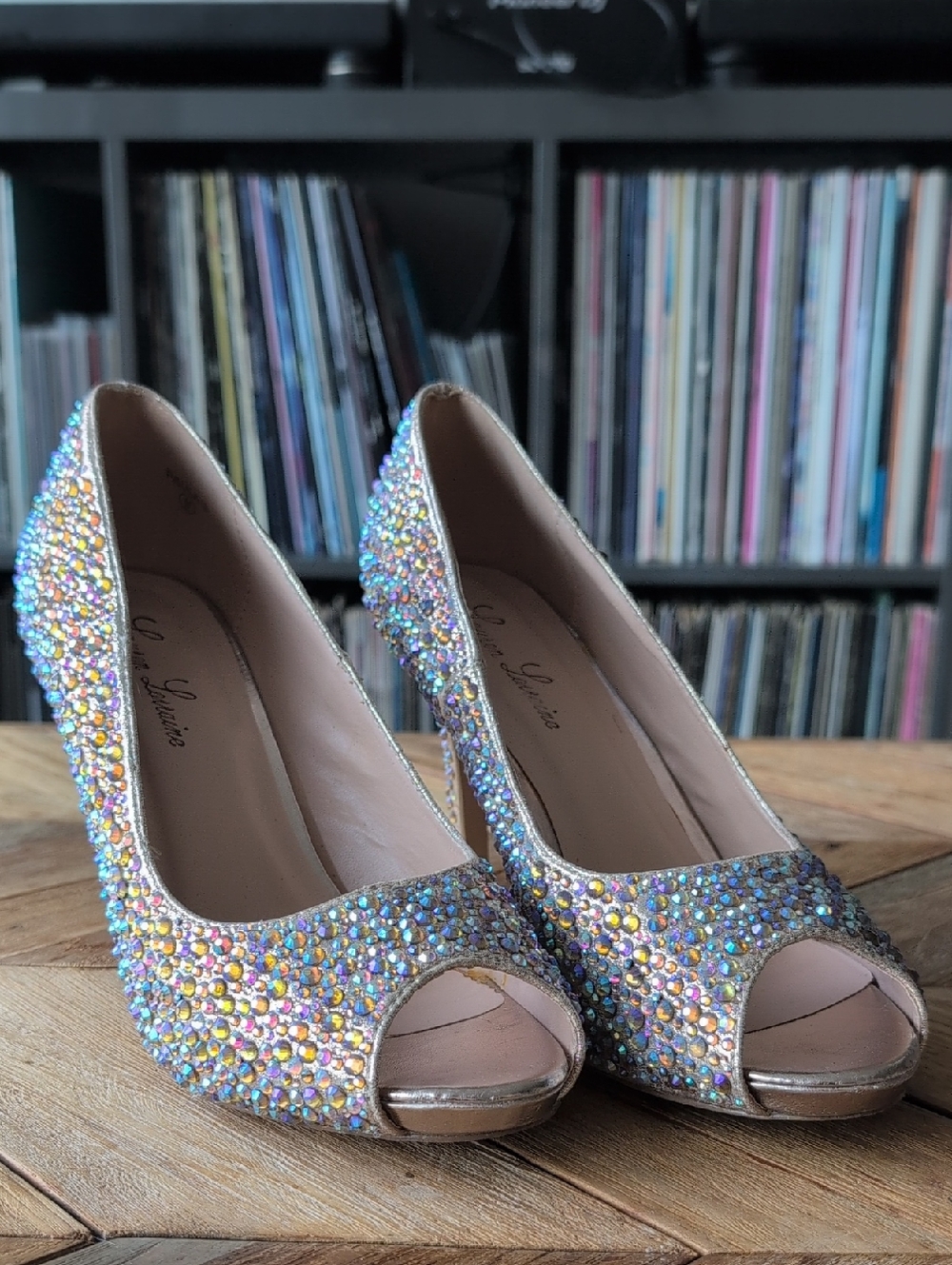 Lauren Lorraine Iridescent Rose Gold Crystal Peep-Toe Pumps